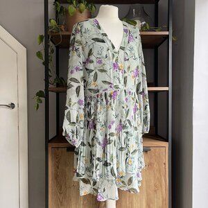 Oasis Pleated Mini Dress 14 Mint Green Mix Floral Chiffon Worn Once